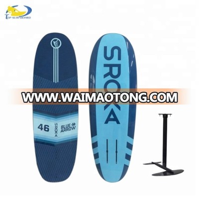 Short blue hydrofoil kite board, hydrofoil board with surfboard traction pads